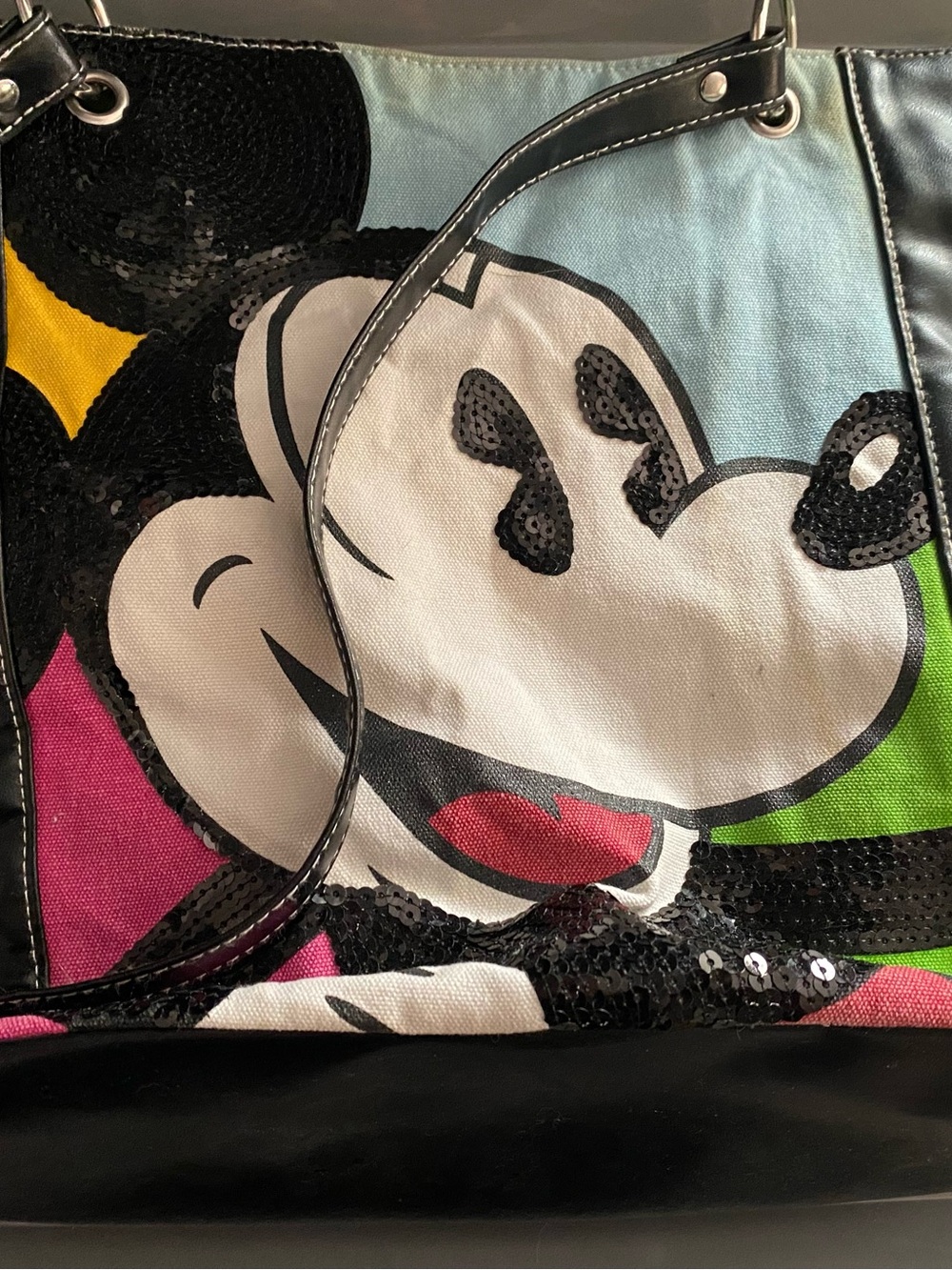 Walt Disney World Purse Mickey Mouse Sequin Color Block Faux Leather Handbag